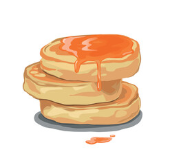 Cartoon pancakes. Stack of tasty pancakes with maple syrup, honey, apricot syrup, jam. Delicious breakfast food vector illustrations. 