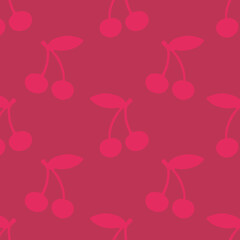 Seamless vector cherry pattern on purple background background. A simple illustration in the flat style. The color of the year is Viva Magenta. Cherry berries for packaging design, fabric, paper