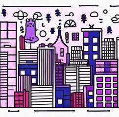 Obraz premium Night city illustration. Digital painting art of cartoon town, houses, skyscrapers at night. Trendy print or design background