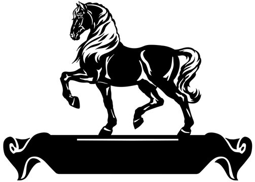Heavy draft horse in profile. Silhouette. Logo, banner, emblem with ribbon scroll. Black and white side view vector
