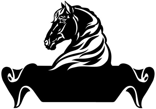 head of a horse in profile. Logo, banner, emblem with ribbon scroll. Side view. Silhouette. Black and white vector