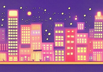 Naklejka premium Night city illustration. Digital painting art of cartoon town, houses, skyscrapers at night. Trendy print or design background