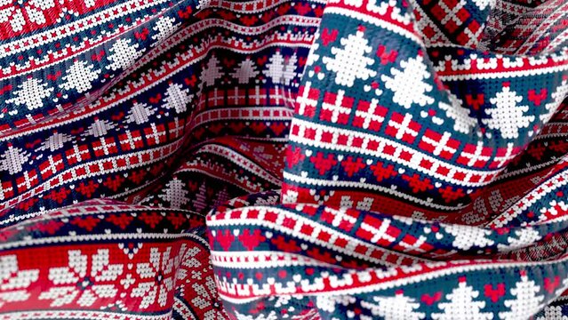 Christmas 3D cloth simulation with holidays pattern. Christmas and New Year fabric flying. Close up.