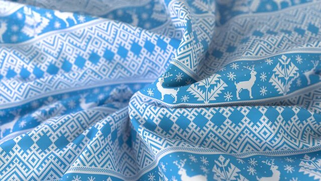 Christmas Blue 3D cloth simulation with holidays pattern. Christmas and New Year fabric flying. Close up.