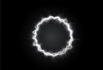 Powerful ball lightning white png. A strong electric charge of energy in one ring. Element for your design, advertising, postcards, invitations, screensavers, websites, games.