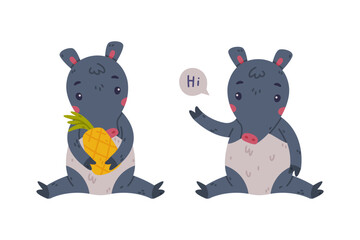 Cute Grey Tapir Animal with Proboscis Sitting with Pineapple and Saying Hi Vector Set
