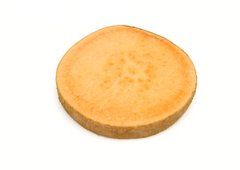 Sliced piece of sweet potato isolated on white background. Uncooked piece of batata