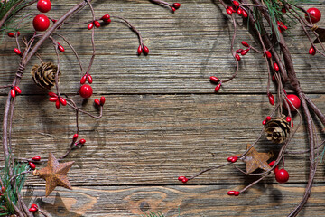 Traditional and Simple Christmas Decorations on Wooden Background