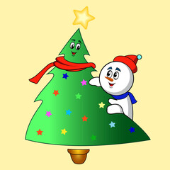 Merry christmas tree and snowman character illustration with diverse colors