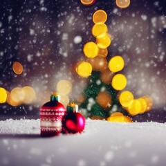 Fototapeta premium Christmas and New year background with wooden deck table over christmas tree snow and blurred light bokeh..png