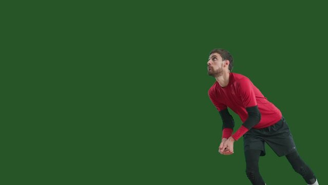 Young Man Bouncing, Falling And Batting Ball. Athlete Playing Volleyball On Green Screen Chroma Key. Volleyball Male Player In Red And Black Sportswear During The Competition.