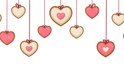 Heart-shaped gingerbread hanging on a thread. Gingerbread garland. Design element for valentine's day