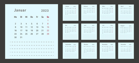 2023 calendar vector design template, simple and clean design. Calendar in German with space for notes. The week starts on Monday.	