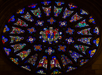 Stained glass of the cathedral of Santa María of Burgos, Castilla y León, Spain.