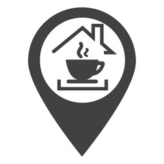 Nearby Cafe location icon. Drop shadow map pointer silhouette symbol. Coffee shop pinpoint. Vector isolated illustration