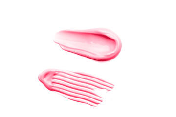 Textured trendy color viva magenta red cream gel cosmetic smudge on white background, lipstick or blush or eye shadow or nail polish smudge trendy color 