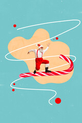 Vertical collage picture of excited funky grandfather santa flying big candy cane stick isolated on painted background