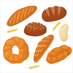 Set Butter pastry. Confectionery. Bun for breakfast. Loaf. Bakery. Vector illustration on a white background.