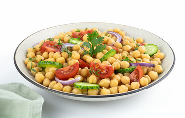 Chickpea salad with tomatoes, cucumbers, onions on a white background. Selective focus. Oriental and Mediterranean cuisine.