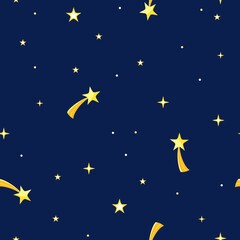 Shooting stars in dark night sky seamless pattern. Starry sky background. Space cartoon vector illustration.