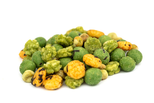 snack mix with rice crackers, nuts and peas with wasabi flavor