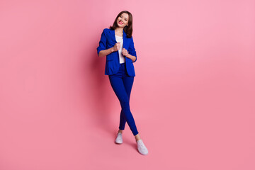 Full body size photo of experienced attractive positive smile lady wear blue formalwear suit fix...