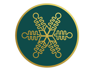 Gold snowflake circle element with green emerald, teal background, copy space, snow, winter theme design, christmas, holiday, isolated, icon, trendy color mix,particle, rounded shape, xmas theme