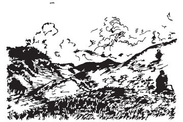 Naklejka premium Hand drawn vector landscape with mountains, trees in the mountains. Perfect for banner, poster and sticker design.