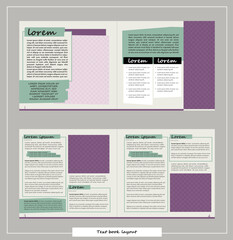 book text page layout template. creative paper spreadsheet design for magazine, booklet, flyer, brochure mock up with text blocks and space for image - obrazy, fototapety, plakaty