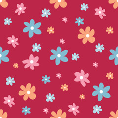 Cute seamless pattern with pink and blue flowers on Viva Magenta background