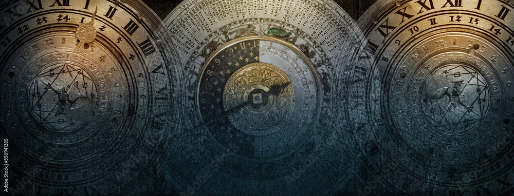 Wall mural ancient calendar with constellations and astronomical instruments against the oold paper background.