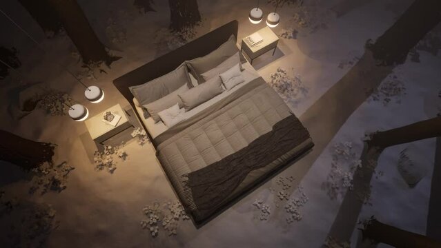 3d-rendering. A bed in an winter forest in a clearing among trees.