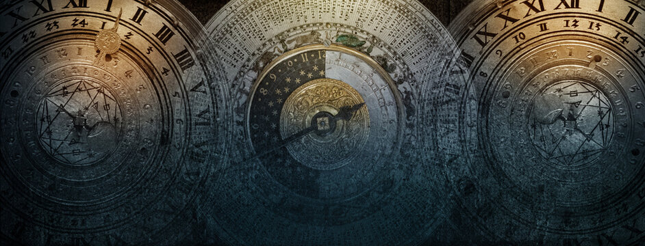Ancient calendar with constellations and astronomical instruments against the oold paper background. Symbol of science, astronomy, astrology, mystery, education, mysticism, numerology, occultism..