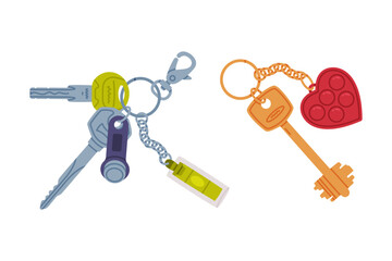 Trinket with Key Hanging with Keychain or Keyring Vector Set