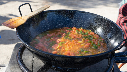 person frying tomato, onion and bell pepper in a frying pan