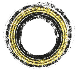 Circular black and gold frame, golden splattered border. Gold paint texture. Isolated png illustration, transparent background. Asset for overlay, texture, pattern, montage, collage