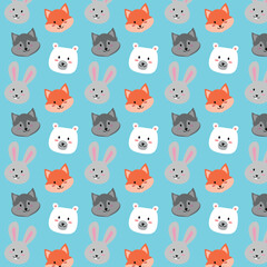 Winter pattern with cute animals: fox, wolf, hare, bear. Vector illustration. Background