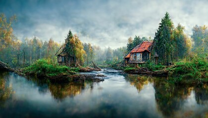 Fototapeta premium Old dilapidated house with lake, mountain landscape