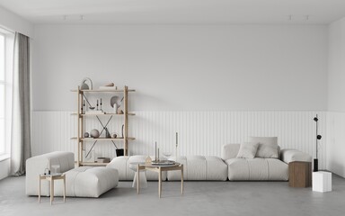 Modern minimalistic stylish living room with white sofa with pillows on a concrete floor,  decorative slatted panel on the wall. Open shelving with decor. Metal floor lamp. 3d render - obrazy, fototapety, plakaty