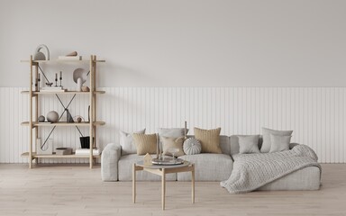 Modern minimalistic stylish living room with white sofa with pillows and a knitted blanket pigtail on a wooden floor,  Decorative slatted panel on the wall. Open shelving with decor. 3d render