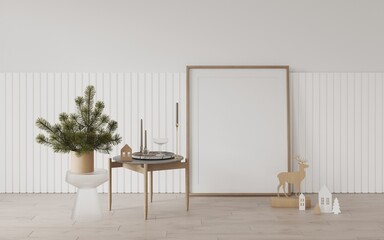Large empty frame on the concrete floor for a Christmas landscape. Mockup frame for christmas. Christmas decor in an empty white room on a concrete floor. New Year's eco wood decor on the floor. 