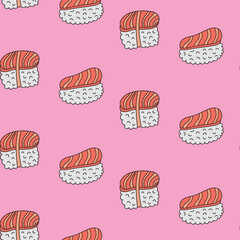 Seamless pattern background with bright cute sushi hand drawn doodles. Contour drawing with outline, asian food vector illustration backdrop, print, wallpaper