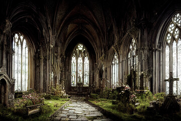 Obraz premium Ancient gothic cathedral with overgrown vegetation, fantasy world
