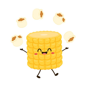 Corn and popcorn cartoon. Vector mascot, cartoon and illustration of a corn holding popcorn. Character design.