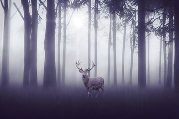 Stag with big antlers in a foggy mystical forest