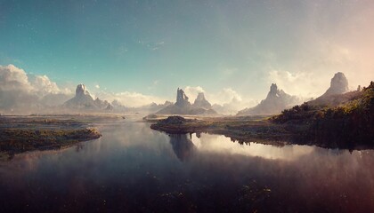 Panoramic landscape with lake view, mountains with blue sky and fluffy clouds, countryside in summer