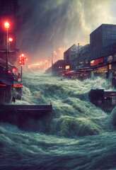 Fototapeta premium Dam breaks, post apocalyptic scene, city flooded