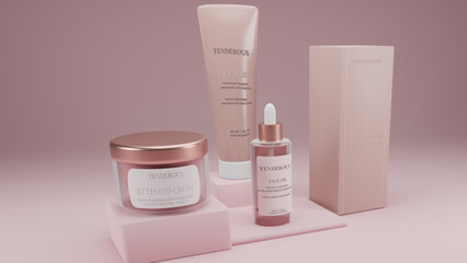 3d render mockup of cosmetic bundle for skin care. Warm Pink theme with high end design of box, tubes, and jars against a pink warm background.Branding identity template. Face oil. Face cream. 