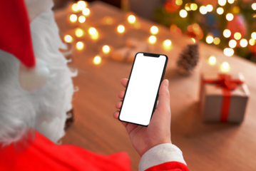 Phone mockup in Santa Claus hands. Christmas lights and gifts in bacgkround. Blank screen for copy or product presentation