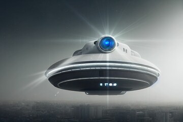 Obraz premium UFO, an alien ship hovering motionless in the air. Unidentified flying object, alien invasion, extraterrestrial life, space travel, humanoid spaceship